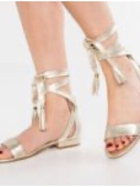 Kenneth Cole Metallic Gold Ankle-Tie Sandals 7